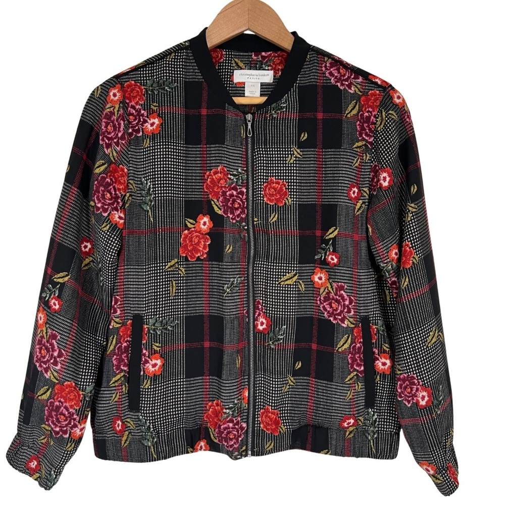 Black Floral Spring Bomber Jacket Women’s Size Small Petite Lightweight
